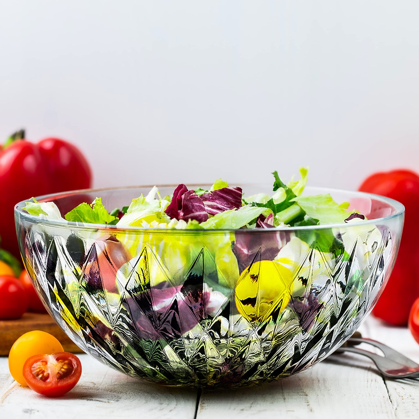 Le'raze Glass Diamond Design Bowl - Decorative Centerpiece for Kitchen & Home Decor, Great for Dining, Living Room, Serving, Salad, Pasta, Candy, Fruit