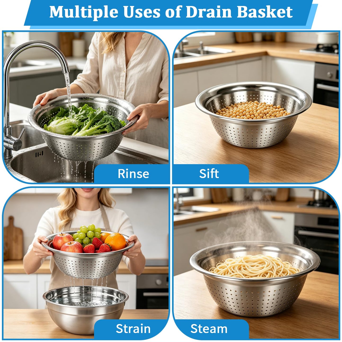 Mixing Bowls Set-9 Pcs Stainless Steel Mixing Bowls with Lid, Grater, Colander, Egg Whisk and Separator, Multipurpose Kitchen Metal Bowls for Mixing, Preping, Serving, Size 6.3, 4.3, 3.6, 2.9QT