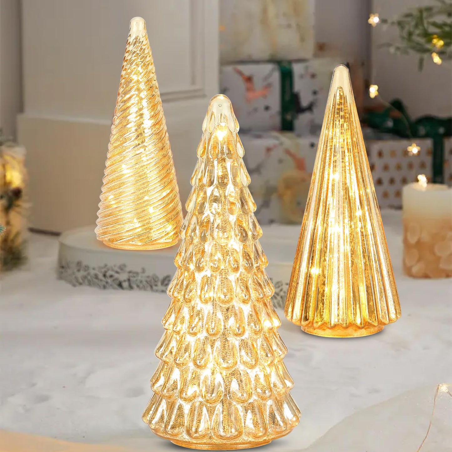 Table Top Christmas Tree Decorations with Fairy Lights,Gold Mercury Glass Finish, Holiday Table Centerpiece and Mantle Decor Set of 3 Assorted Trees