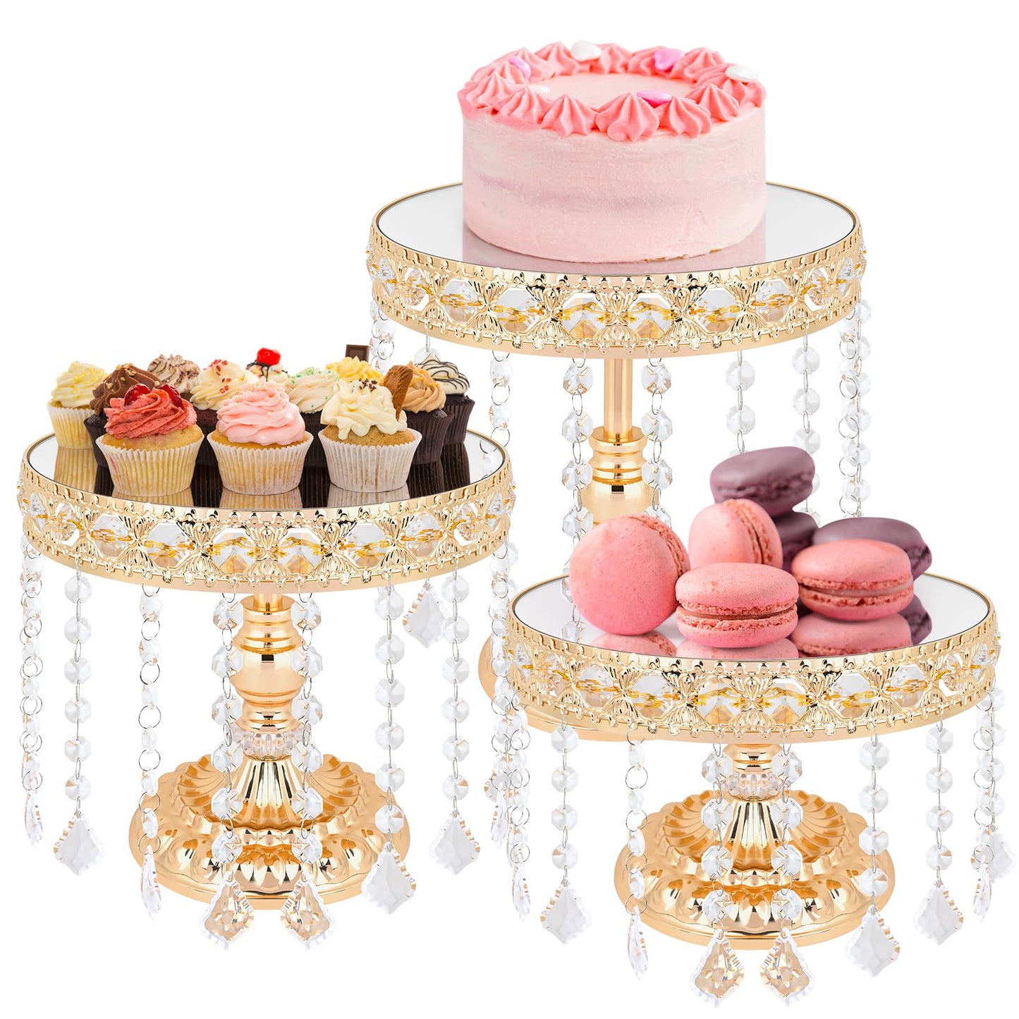 3 PCS Round Cake Stand with Crystal Bling Pendants European Style Lace Cake Plate Golden Premium Display Stand with Crystal Bling Pendants Dessert Showcase Set for Birthday Parties,Wedding,Banquet