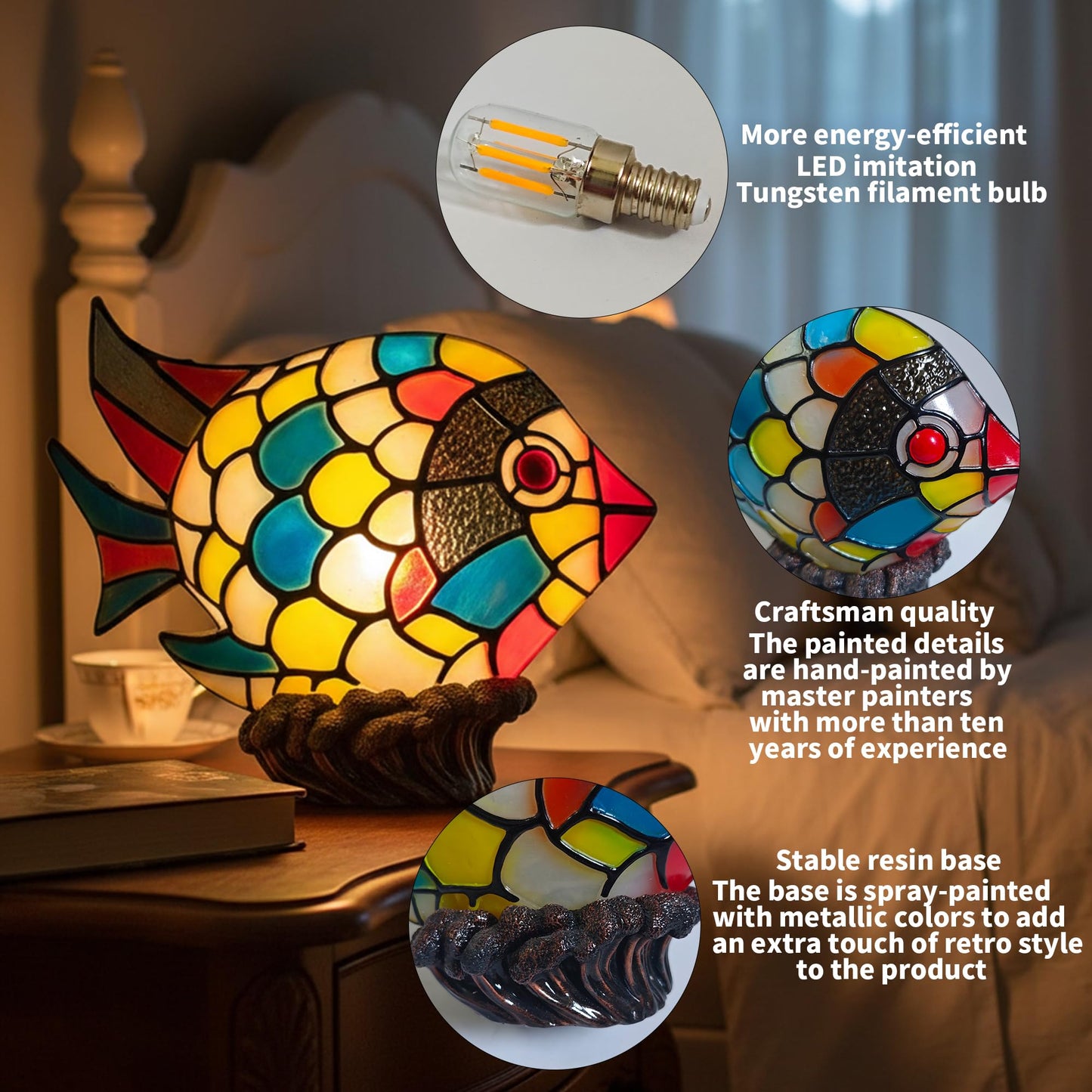 Tiffany Style Fish Table Lamp, Hand-Painted Resin Tropical Fish Accent Light, Coastal Decorative Stained Resin Look Bedside Lamp for Living Room, Bedroom, Beach House Decor, Unique Nautical Gift