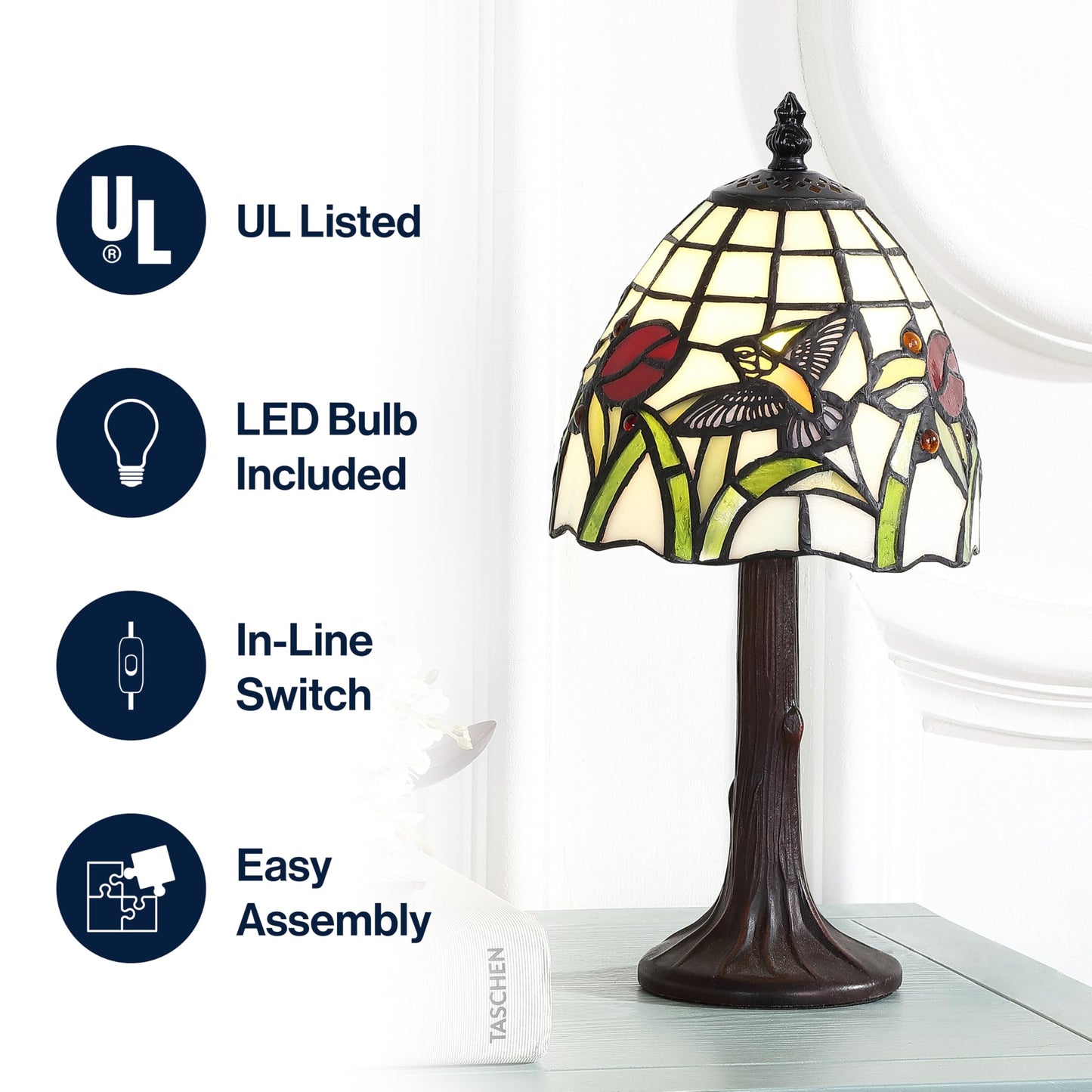 JONATHAN Y 12" Bronze Hummingbird Tiffany-Style LED Table Lamp, Handcrafted Multicolored Stained Glass Bell Shade, Traditional Bedside Accent Lamp, LED Bulb Included JYL8014A