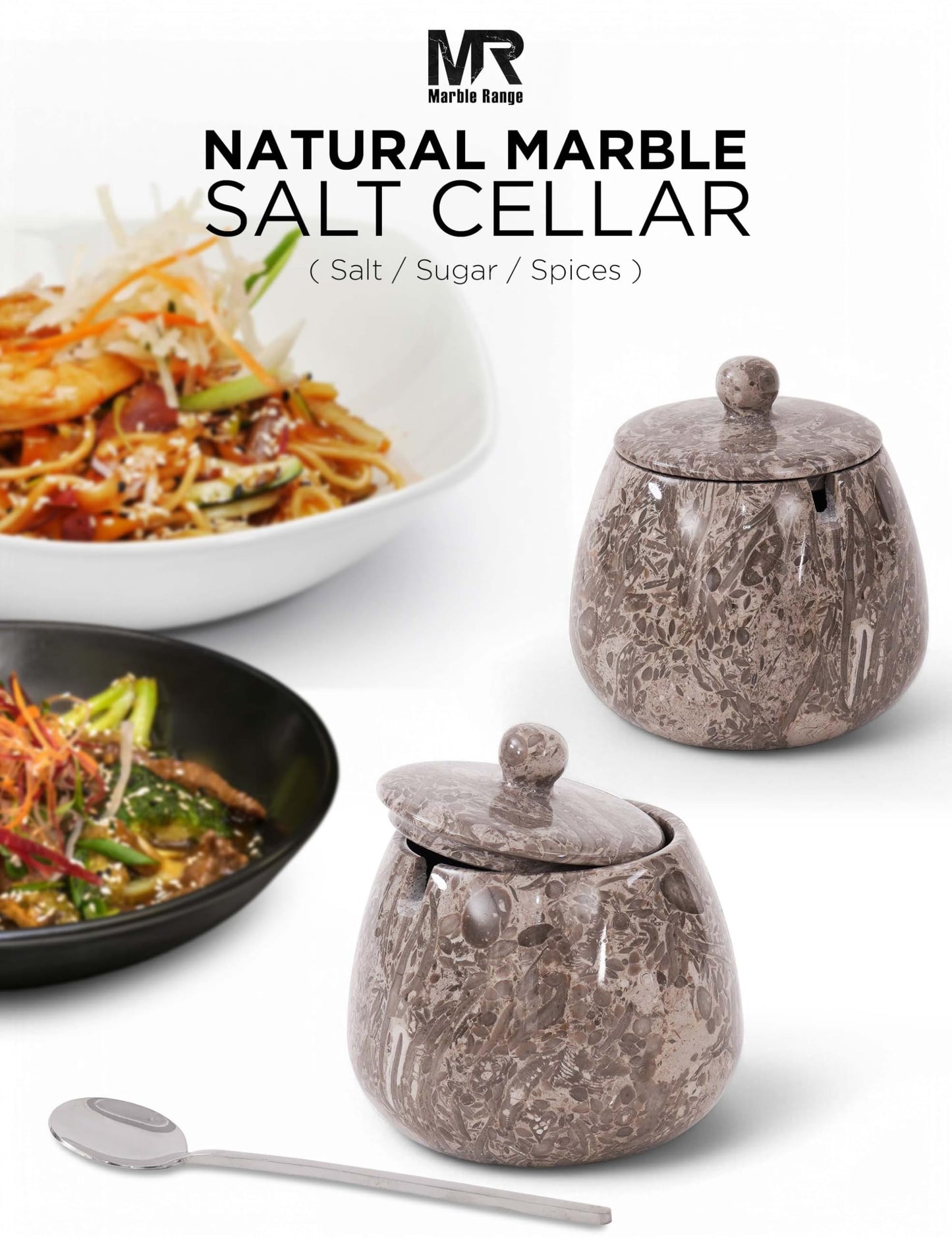 Oceanic Marble Salt Cellar with Lid – 4.5 Inch Table Salt Container, Salt Jar, Salt Dish, Salt Holder, Spice Jar, Sugar Bowl, Celtic Salt, Kitchen Countertop Decor