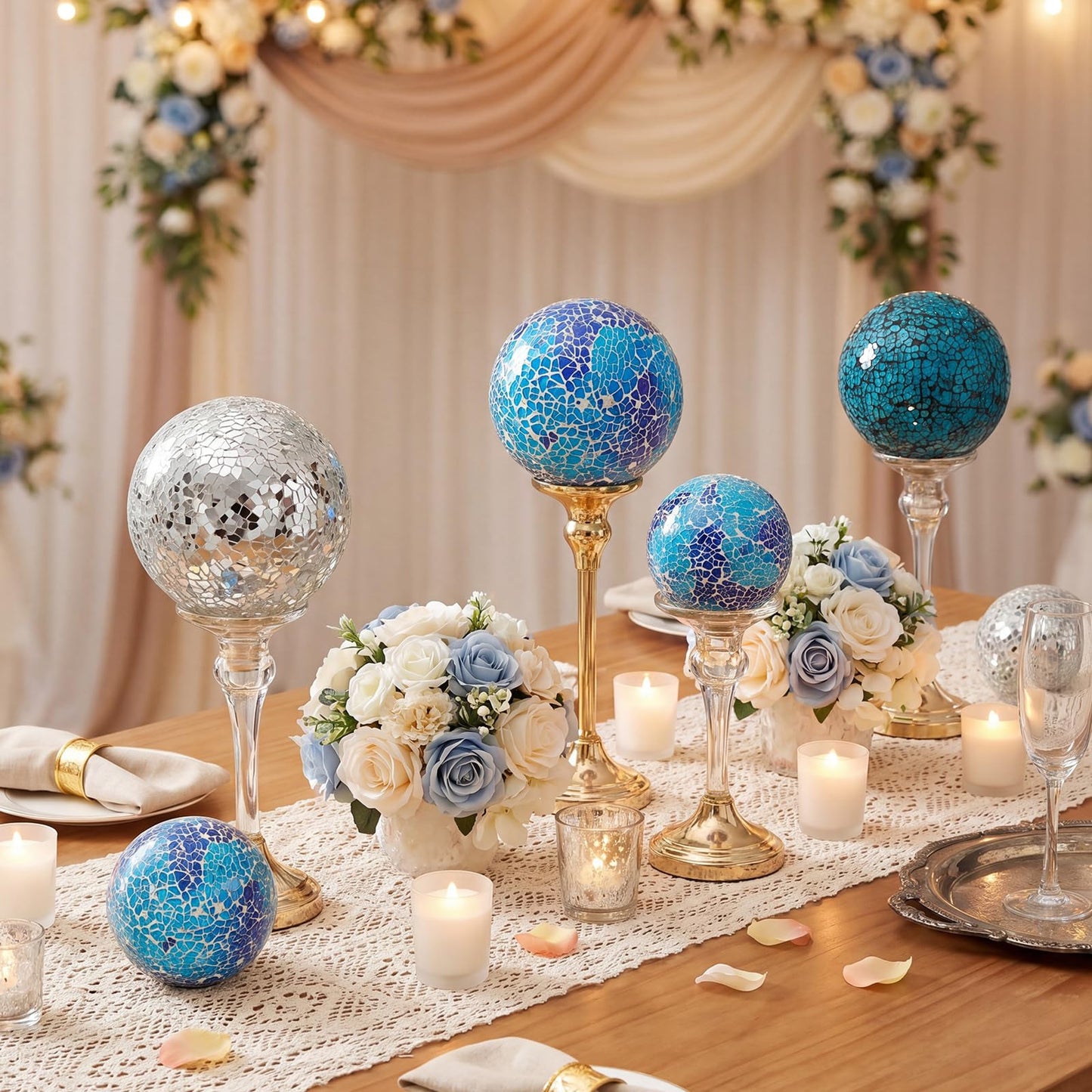 Qinyoung White 8 Pcs Decorative Ball for Bowls, 3'' 4'' Glass Mosaic Sphere Decorative Orbs for Centerpiece Bowls Vase Fillers, Wedding, Party, Coffee Table & Home Decor (Blue,Cyan)