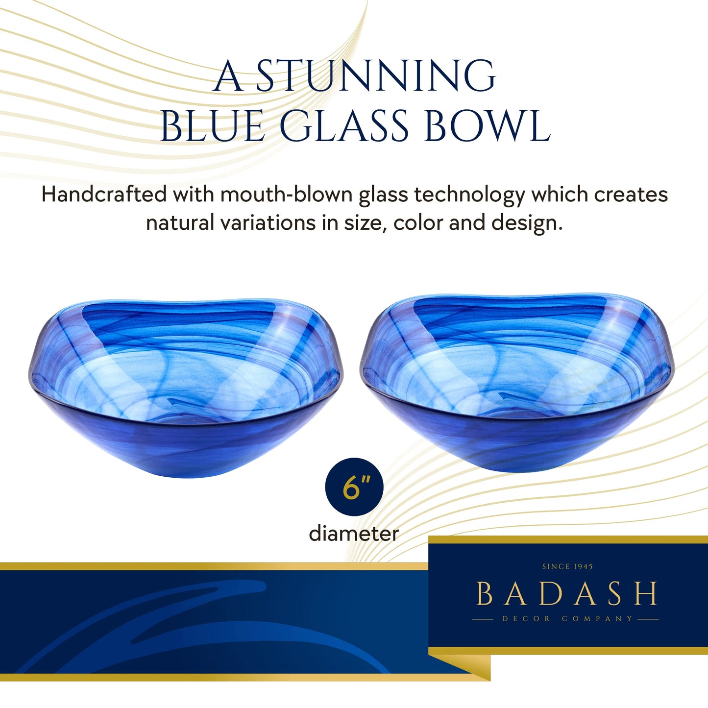 Badash Small Square Decorative Bowl, Alabaster Glass Candy Dish, Home Décor Table Accent Bowl, 6” Diameter, Pair of 2, Cobalt Blue