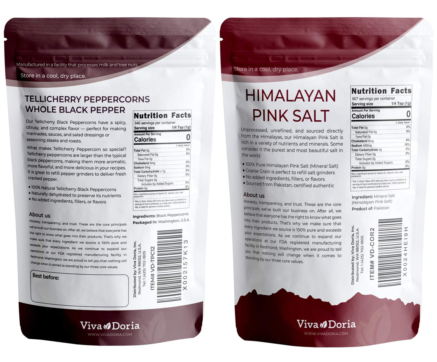Viva Doria Tellicherry Whole Black Peppercorns, 12 oz & Himalayan Pink Salt, Coarse Grain, 2 lb | Salt and Pepper Combo, For Grinder Refills, 2 Piece Set