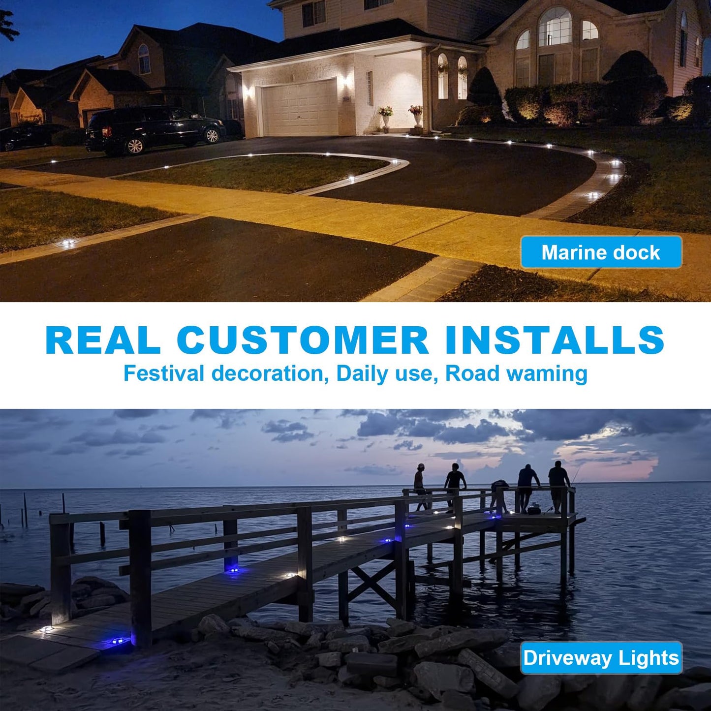 VOLISUN Solar Driveway Lights Dock Marine Lights 4 Pack,2 Colors in 1,Outdoor LED Deck Light,Solar Powered Waterproof Warning Step Light for Driveway Sidewalk Pathway (Blue/White),Saltwater Resistant