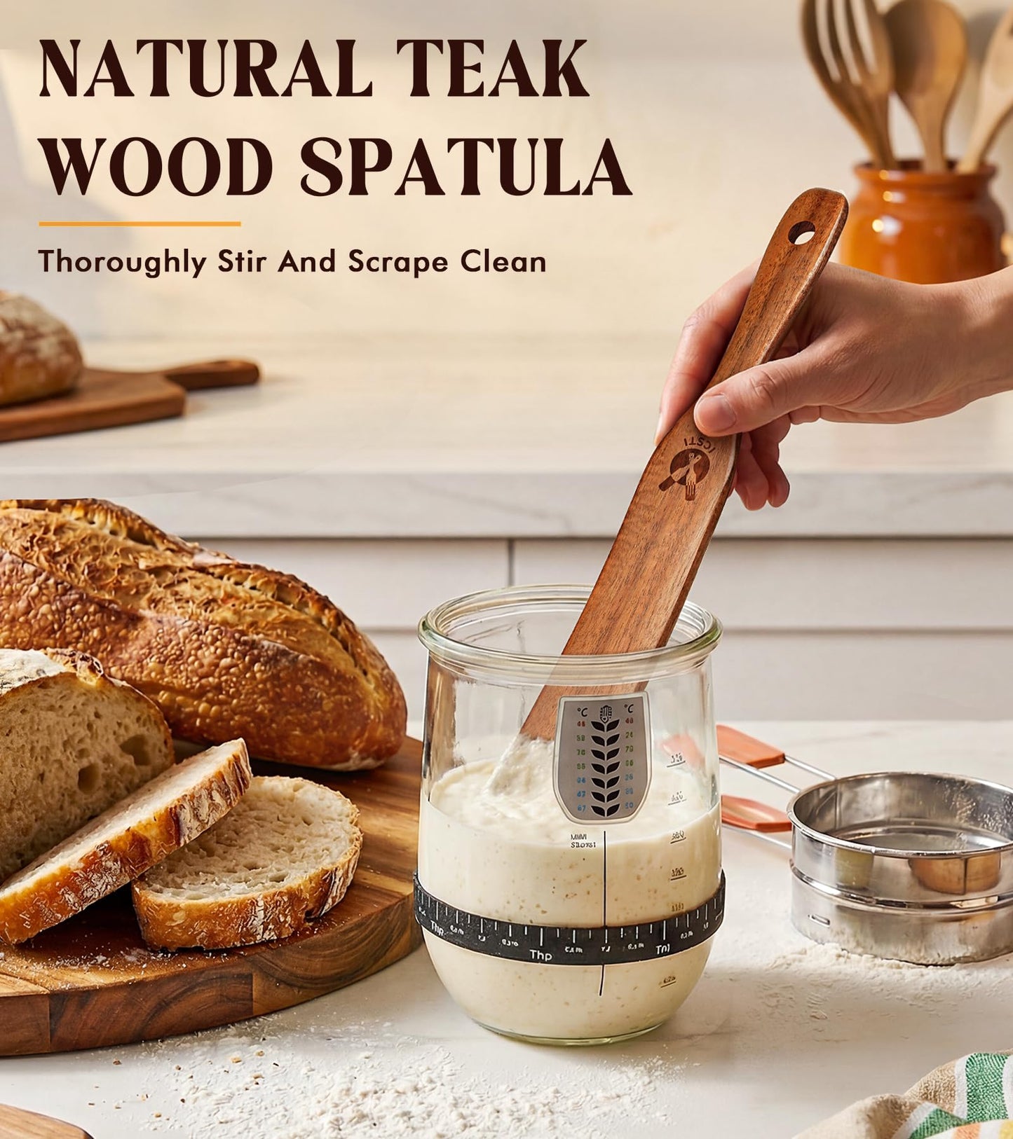 2 Pack Wooden Spurtle for Sourdough Starter, Mixing, Reaching Bottom of Jar, Dough Whisk, Natural from High Moist Resistance Teak, Spurtles Kitchen Tools Wooden Kitchen Utensils for Baking, Cooking