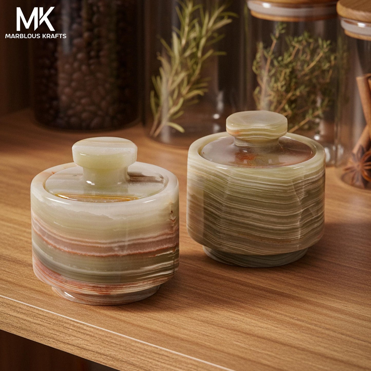 MARBLOUS KRAFTS Marble Small Salt Cellar with Lid 3" Inch Green Onyx Stone Salt Holder Set of 2 for Counter & Stone Salt Container, Salt Dish, Salt Box & Spice Jar, Kitchen Decor