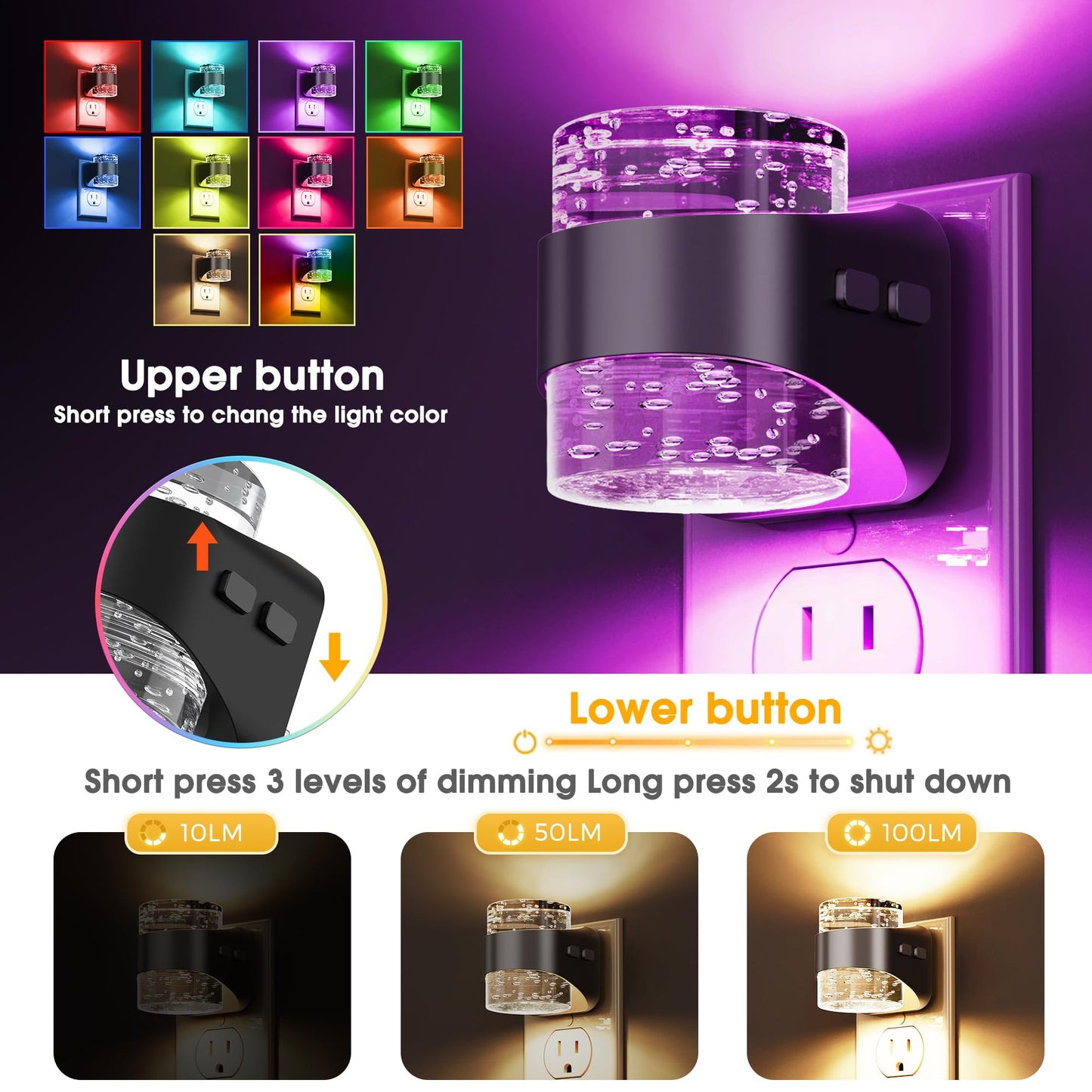 L LOHAS LED Night Light, RGB Bubble Night Lights Plug into Wall, 10-Color Change Night Light,Dimmable Nightlights with Dusk to Dawn Sensor for Rooms Bathroom Hallway