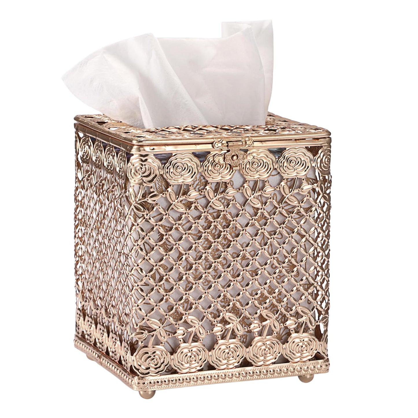 Sumnacon Tissue Box Cover Square, Metal Tissue Holder with Lid, Stylish Cube Tissue Covers, Decorative Rose Tissue Box Organizer for Bathroom Kitchen Table Desk Toilet Home Office, Gold