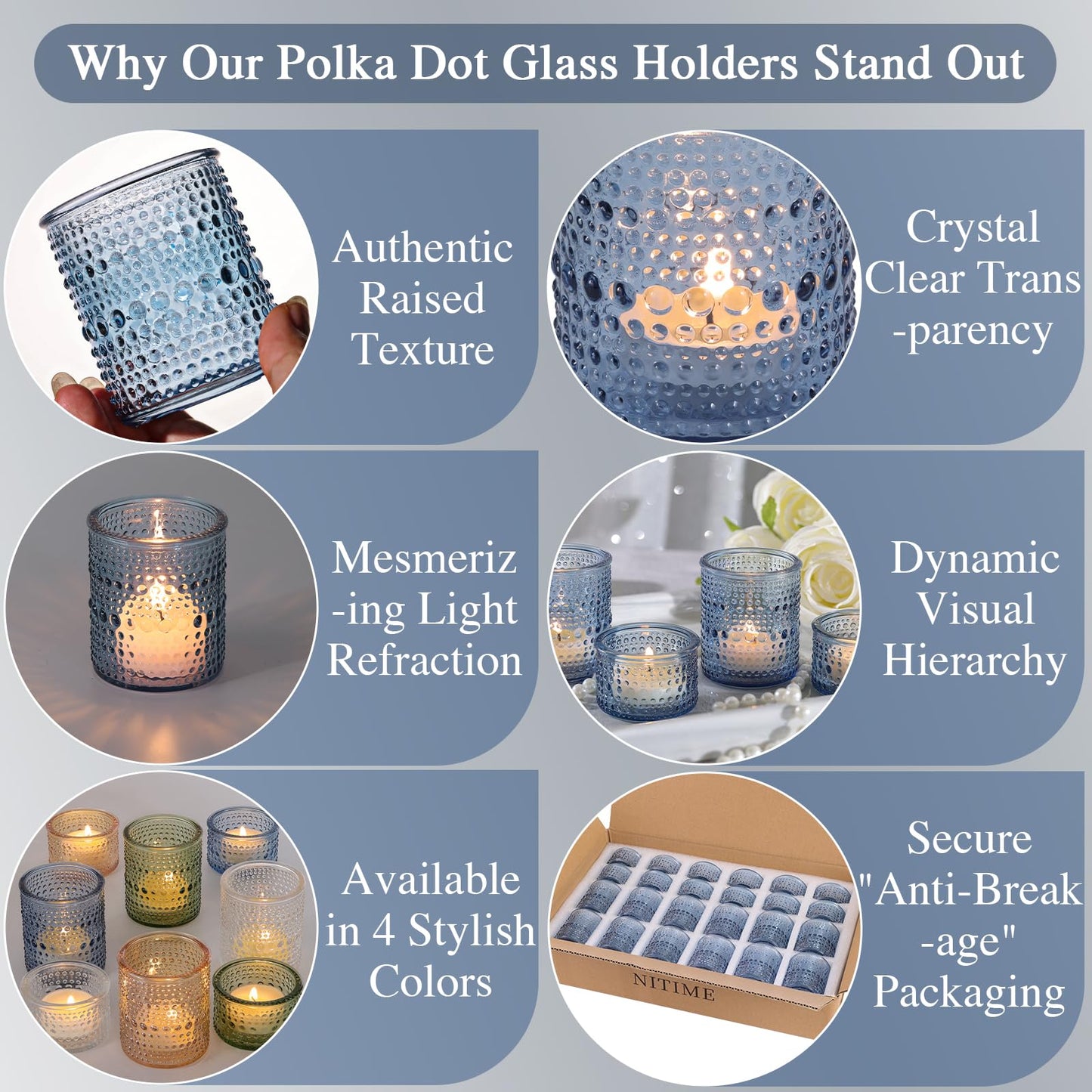 NITIME Blue Glass Votive Candle Holders Set of 24, Assorted Heights Polka Dot Tealight Candle Holders for Table Centerpiece, Blue Candle Holder Decor for Wedding, Baby Shower Party & Spa