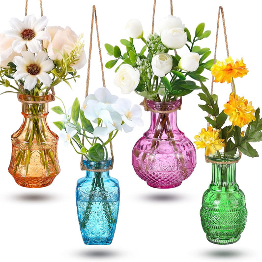 Wonderjune 4 Pcs Stained Glass Hanging Vases Hanging Glass Planters Small Plant Terrarium Pot Containers with Rope for Garden Home Indoor Outdoor Decor, 4 Styles (Elegant)