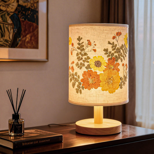 Xmpmrb Artisan Crafted Floral Pressed Nightstand Lamp - Handmade Vintage Table Light with Adjustable Warm Glow for Bedroom, Office, or Living Room Decor (Yellow)