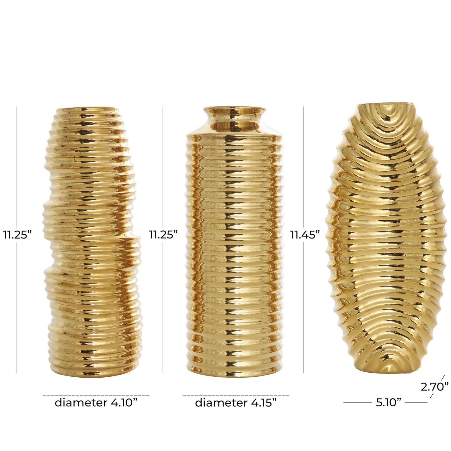 Deco 79 Ceramic Decorative Vase Dimensional Ribbed Centerpiece Vases with Varying Shapes, Set of 3 Flower Vases for Home Decoration 4" W, 11" H, Gold