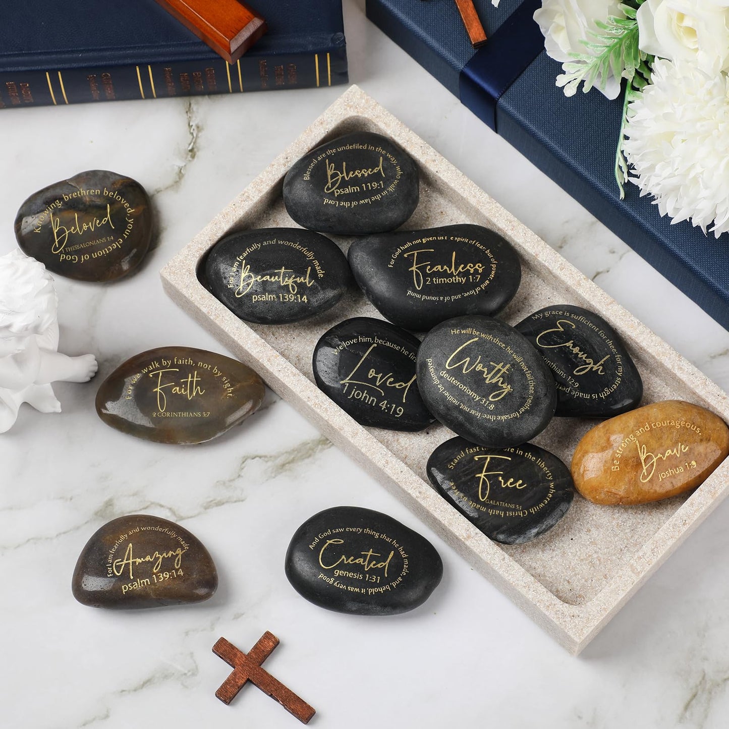 Thyle 36 Set Christian Scripture Stones Gifts Bulk Inspirational Engraved Prayer Stones with Box Religious Rocks Gift for Church Vbs Coworker Pastor Sunday School Baptism (Bible Verses)