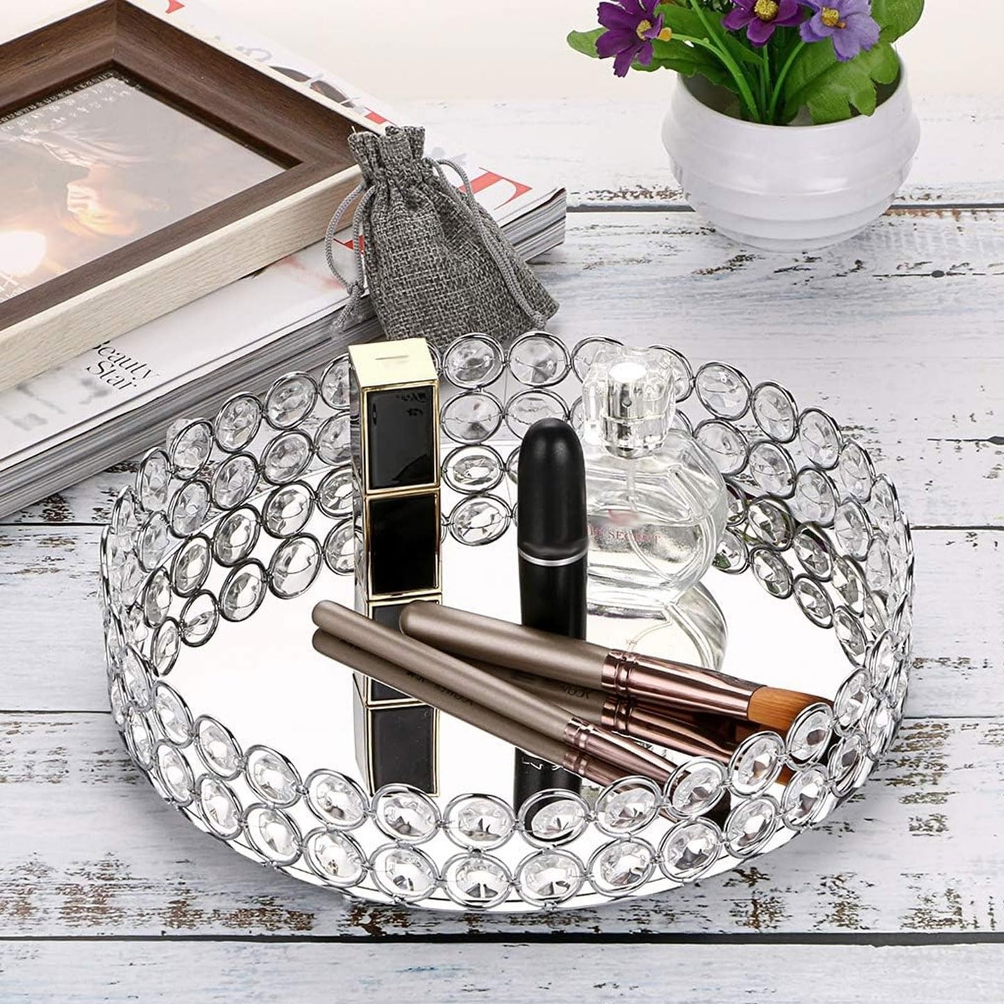 Hipiwe Crystal Make up Tray, Mirror Perfume Tray Bathroom Storage Trays Jewelry Trinket Trays Vanity Cosmetic Organizer Home Decor, Birthday Gift for Women(Round 9.8 Inch)