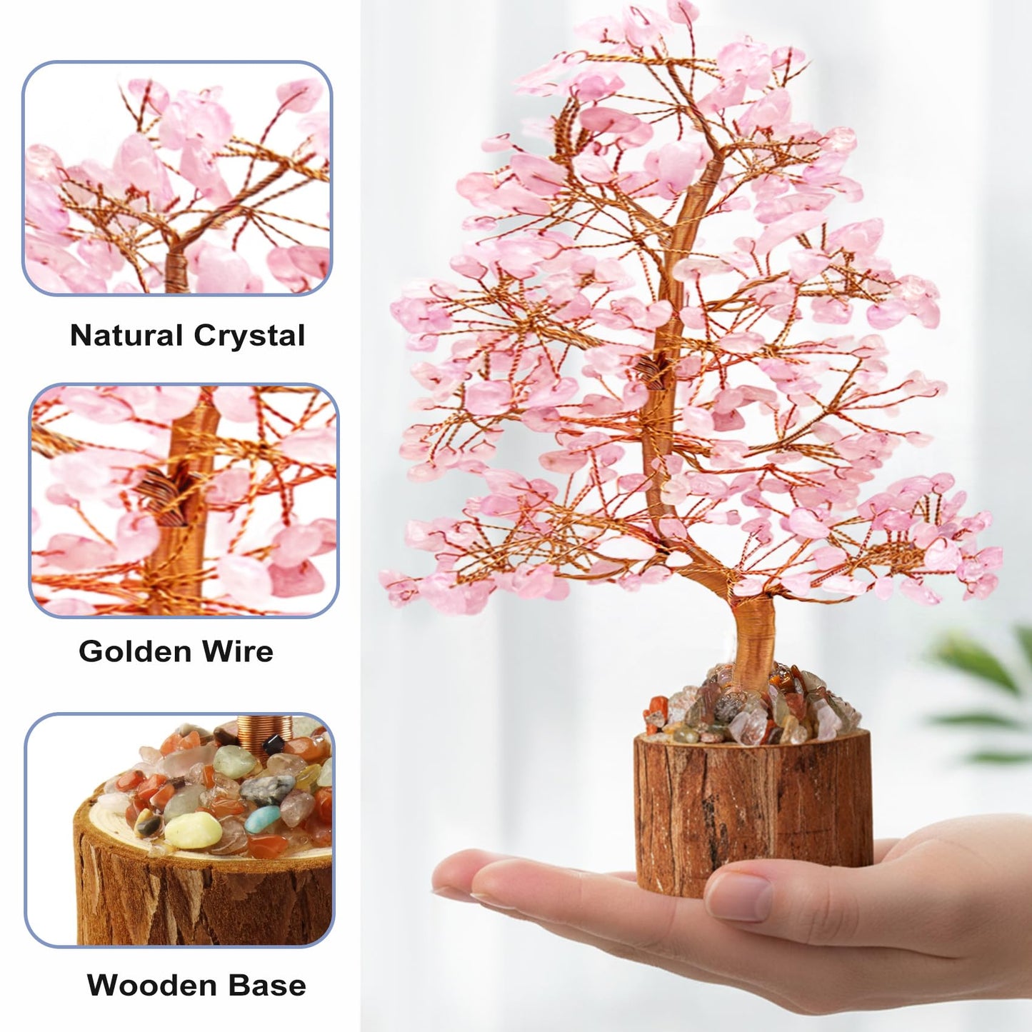 Tizzomx Crystal Healing Chakra Tree of Life Rose Quartz, Sister Women Mom Birthday Spiritual Gifts Positive Energy & Good Luck, Bonsai Gem Stone Feng Shui Money Tree House Home Office Room Desk Decor