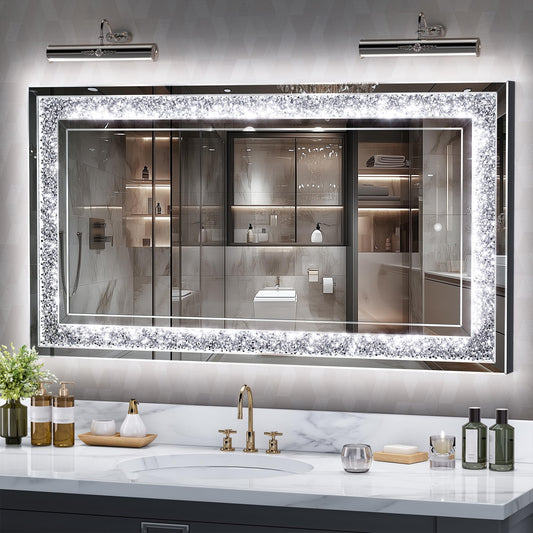 Hasipu 47" x 26" LED Diamond Wall Mirror, Crystal Diamond Mirror for Home Decor, Dimming & 3 Color Modes