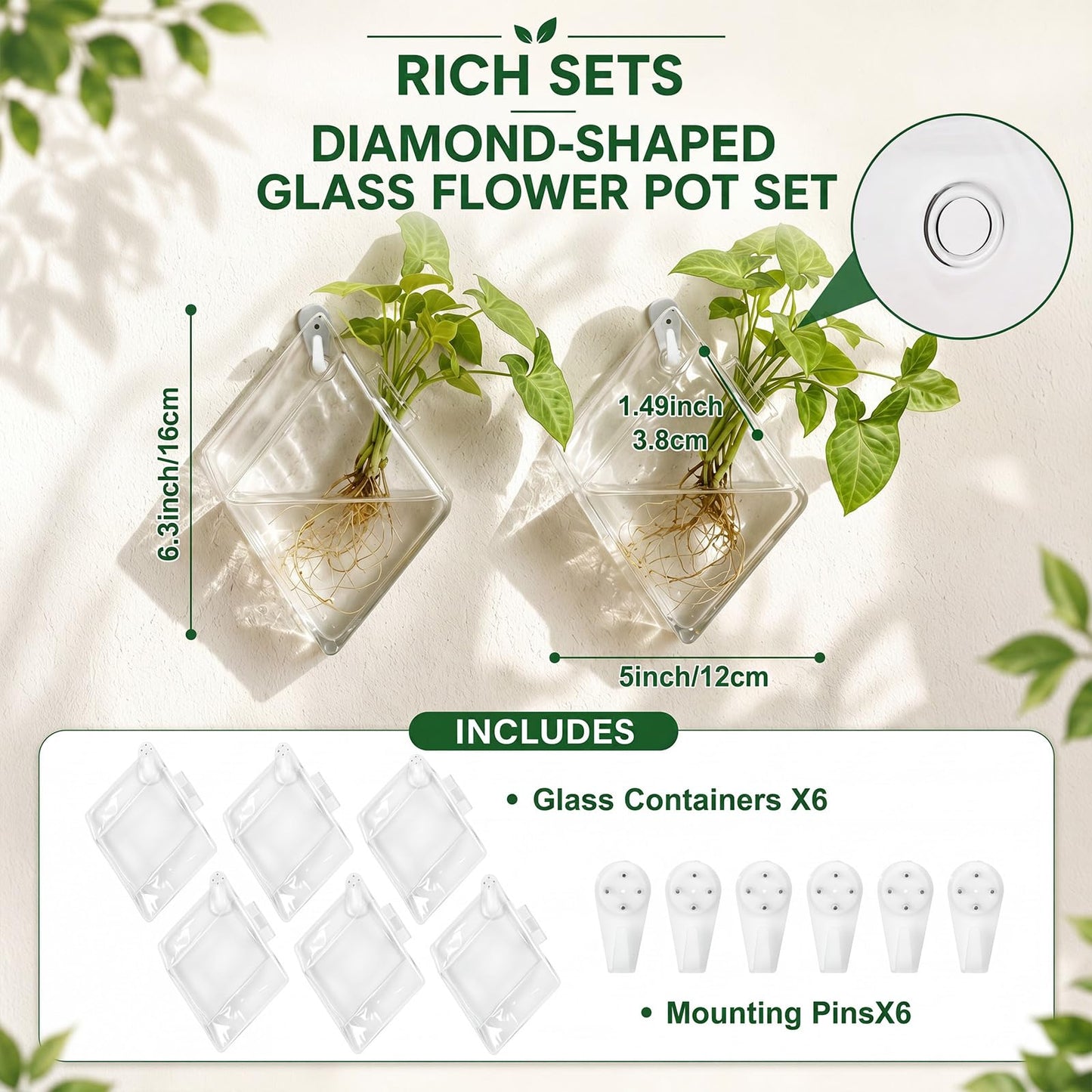 Romooa 6 Set Wall Hanging Glass Terrariums Planter Wall Propagation Planters Diamond Flower Vase for Indoor Hydroponics Plants, Bathroom, Home Office Living Room Decor(Plants Not Included)