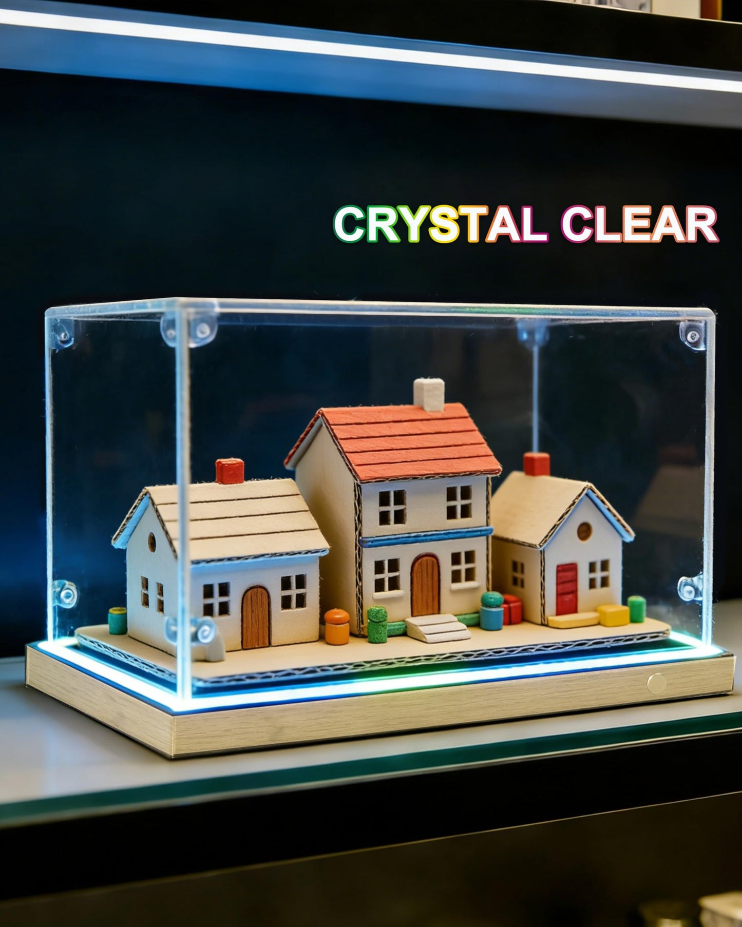 POKIAUTO Clear Acrylic Display Case with RGB Lights, Acrylic Storage Organizers Box Dustproof Showcase on Wooden Base for Toys/Figures/Collectibles, APP & Button Control, Music Sync (15.7x7.8x5.9in)