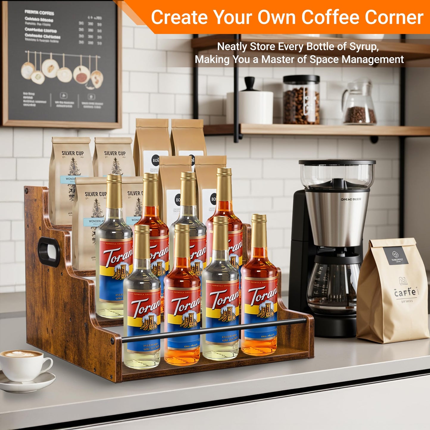 YQBRAO 4-Tier Liquor Bottle Display Shelf, Spice Rack - 16-Inch Coffee Syrup Organizer Rack - Heavy-Duty Countertop Bar Shelves for Liquor Whiskey, Spirits, Syrup Wine Dressing