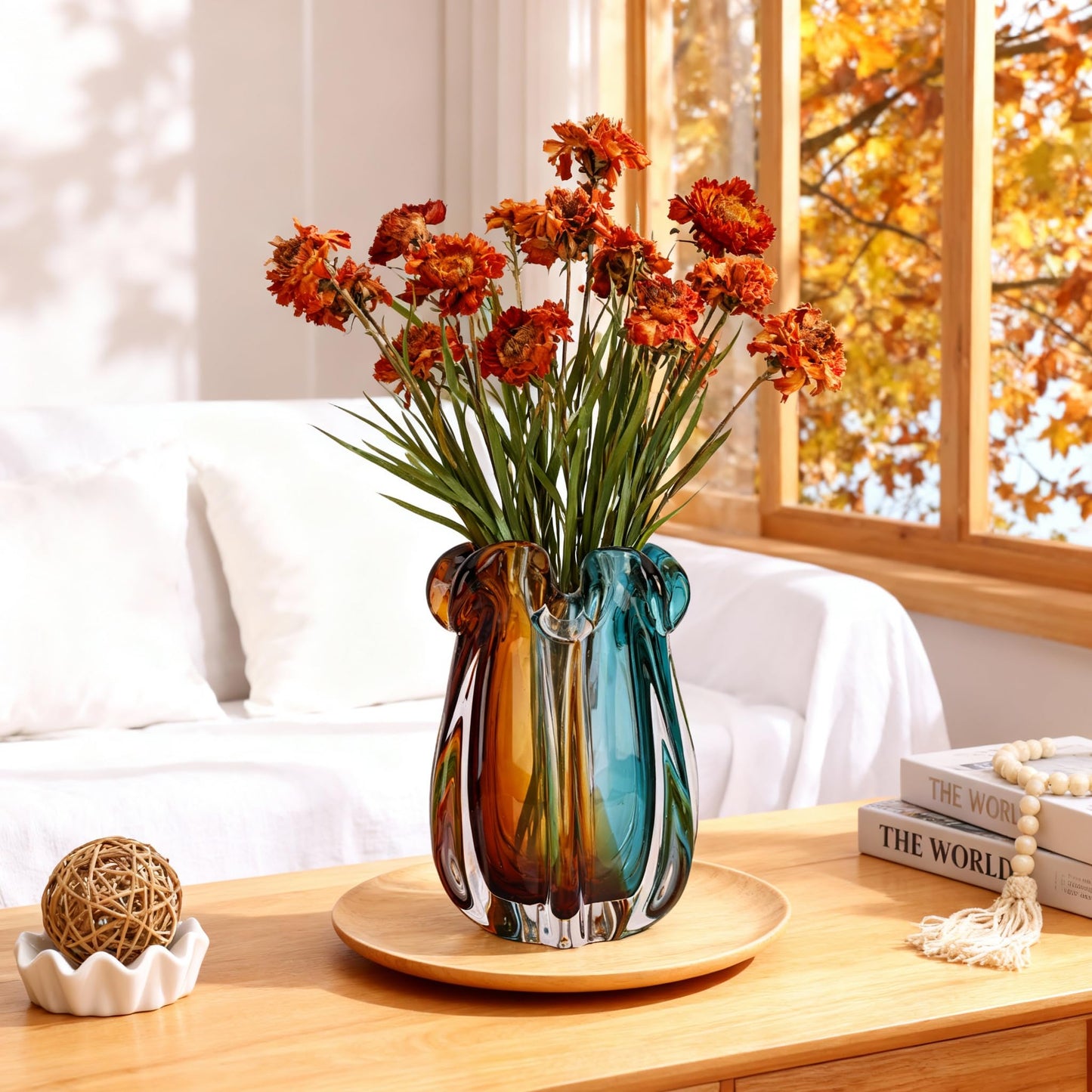 Hand Blown Glass vase, Gradient Blue and Amber Thick-Walled Decorative vase, Glass Art Wide-Mouth vase, Suitable for Living Room Coffee Tables, entryway Decor, Offices, and TV Cabinet Accents. (S)