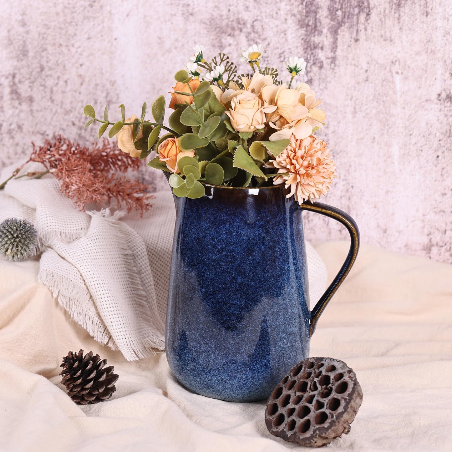 Blue Ceramic Pitcher Vase, Water Pitchers with Handle,For Modern Rustic Farmhouse Vase Home Decor,Cute Small Ceramic Vases,Entrance Decoration and Centerpieces for Dining Table Decor (Blue)