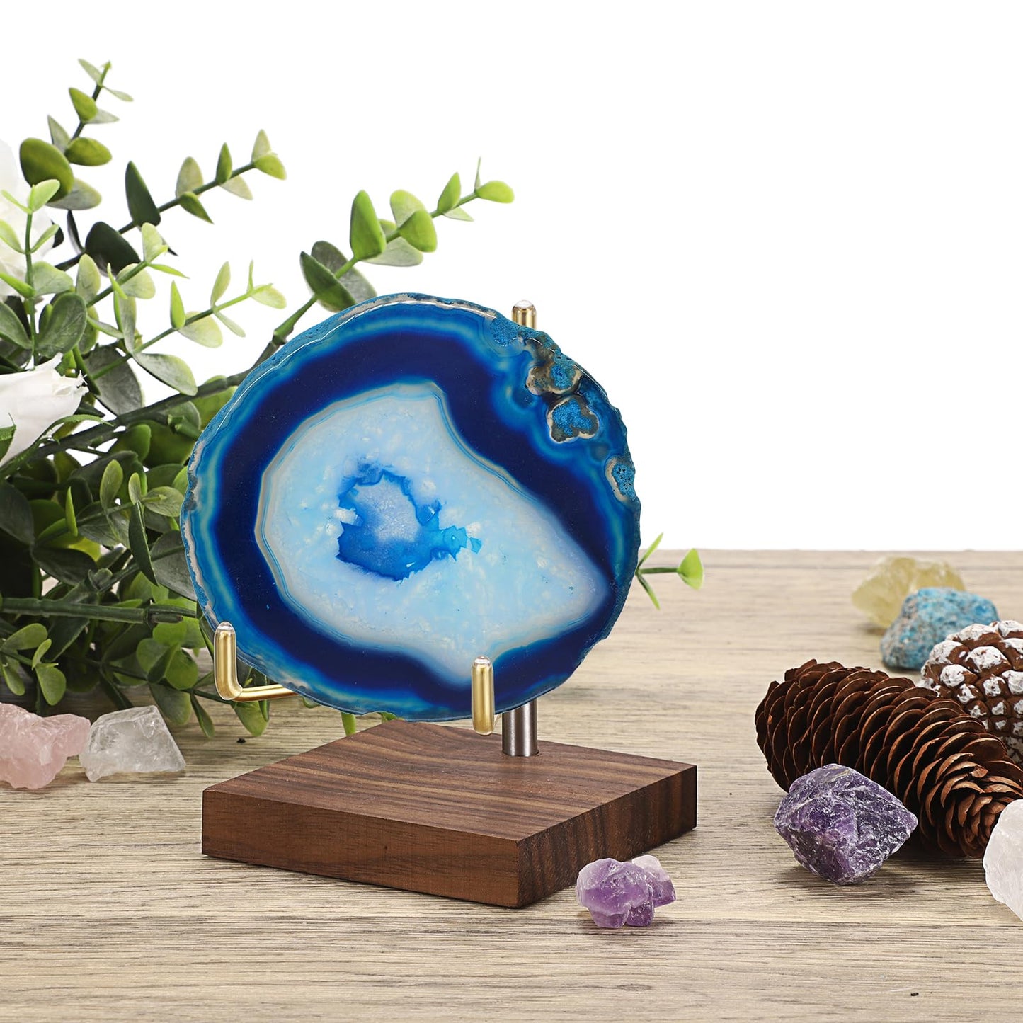 Hipiwe Adjustable Metal Arms Display Stand Easel with Wooden Base - Rocks Crystal Display Easel Holder for Mineral Agate, Gemstones, Fossils, Coral Geodes, Plate and Photo,3.1"x3.1"x4.6"