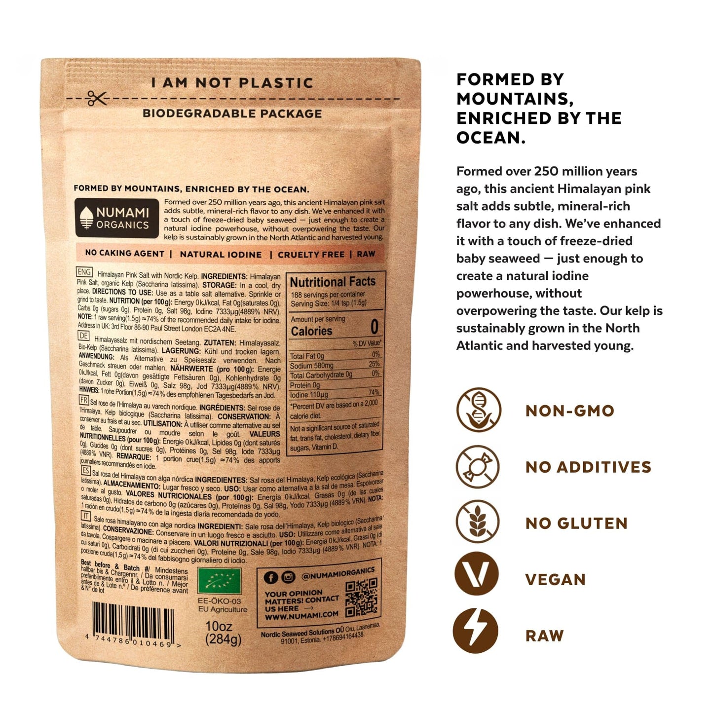 Himalayan Pink Salt with Nordic Kelp – Naturally Iodized salt for everyday use in Plastic-Free Packaging | Coarse salt for grinder refill | Gourmet Salt for Cooking | Unrefined, Additive-Free, 10oz