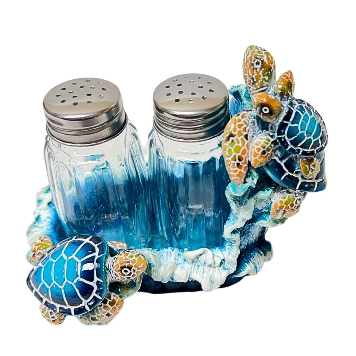 Nautical Sea Turtle Salt and Pepper Shakers Set with Holder for Beach House Interior Style - Coastal Living Room Accents, and Marine Life Theme Decorative Shakers Set