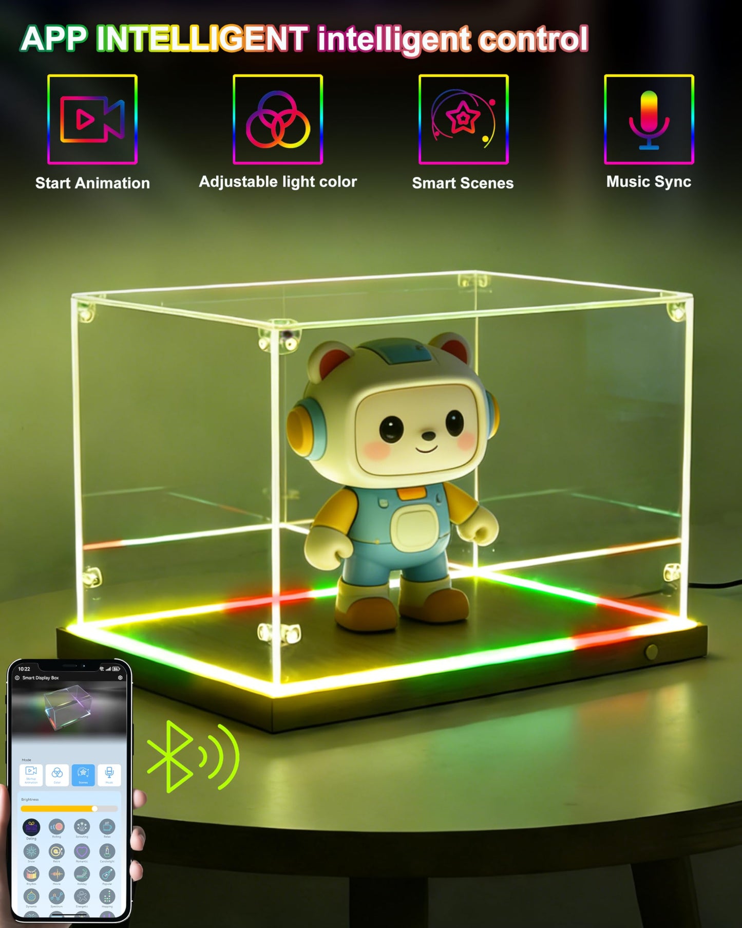 POKIAUTO Clear Acrylic Display Case with RGB Lights, Acrylic Storage Organizers Box Dustproof Showcase on Wooden Base for Toys/Figures/Collectibles, APP & Button Control, Music Sync (15.7x7.8x5.9in)