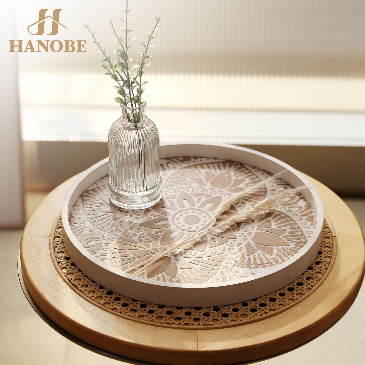 Hanobe Decorative Serving Tray Round: 2Pcs Farmhouse Coffee Table Decor with White Boho Bead Garland - Mandala Trays for Living Room Kitchen Display