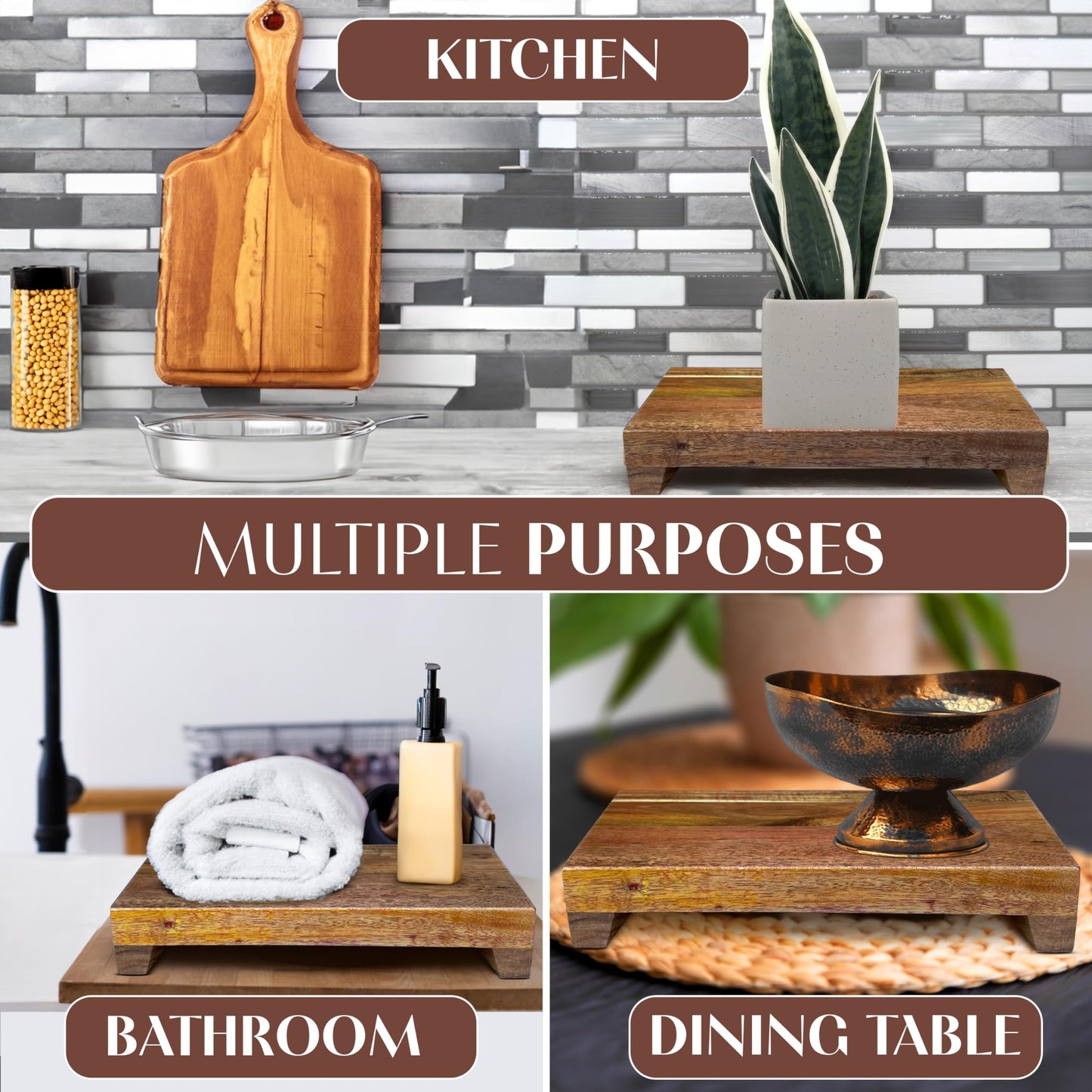 Lyfe Simple Natural Acacia Wood Pedestal Stand | Wood Riser with Decorative Beads | Kitchen Counter Decor | Soap Tray for Kitchen Sink | Bathroom Tray | Tabletop Wooden Stand (9 x 6 x 1.75 Inch)