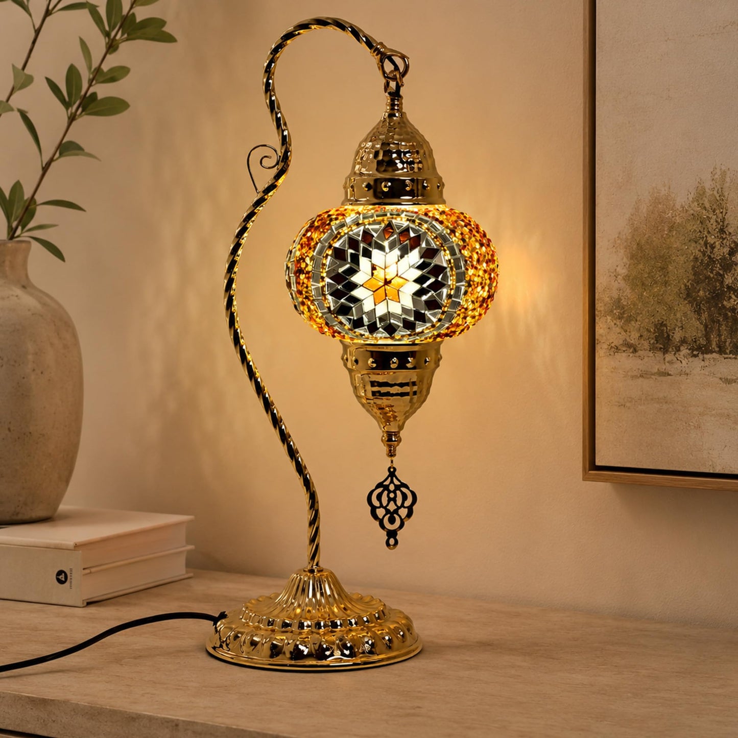 GOGERS Turkish Mosaic Table Lamp, Moroccan Style Swan Neck Bedside Lamp with Handmade Glass Shade, LED Bulb Included, Warm Ambient Decorative Accent Lamp for Bedroom, Living Room, Nightstand (Brown)