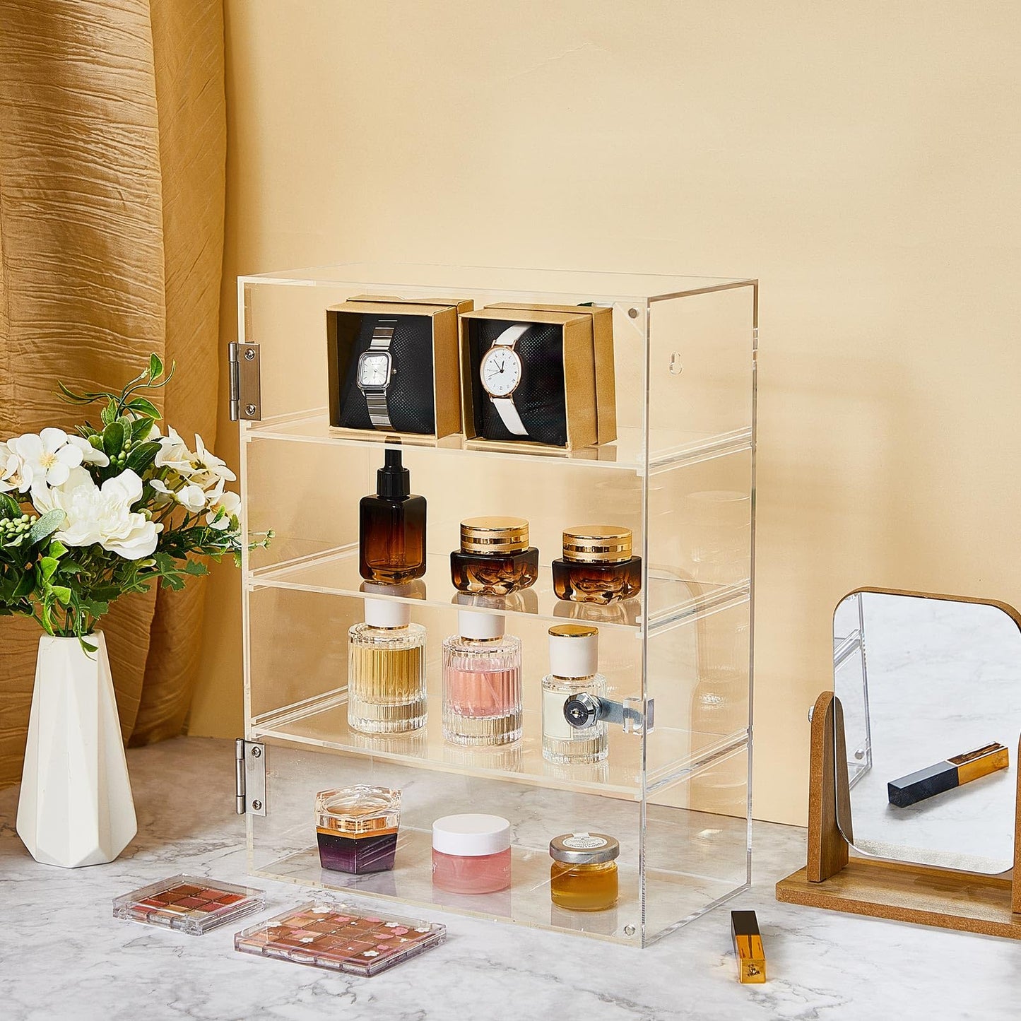 Barydat Acrylic Display Case with Lock Key Countertop Display Case Clear Showcase Display Cabinet Multi Functional Safe Storage Box for Retail Store (Removable 4 Tier,11.8 x 5.9 x 15.7 Inch)