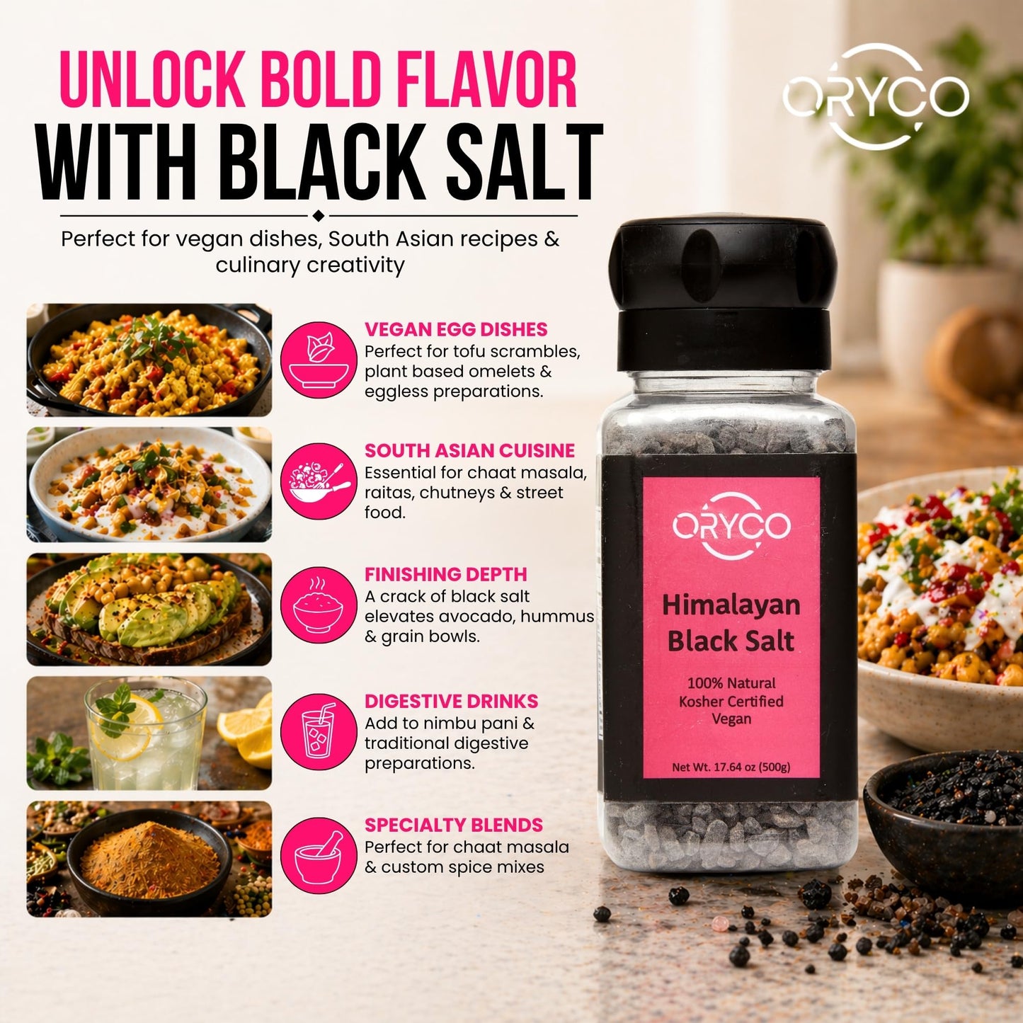 Oryco Himalayan Salt Grinder Set 3 Pack (2 Pink + 1 Black Kala Namak, 500g Each) – Refillable Grinders, 100% Natural, Kosher, Non-GMO, Coarse Salt for Cooking, Vegan & Seasoning
