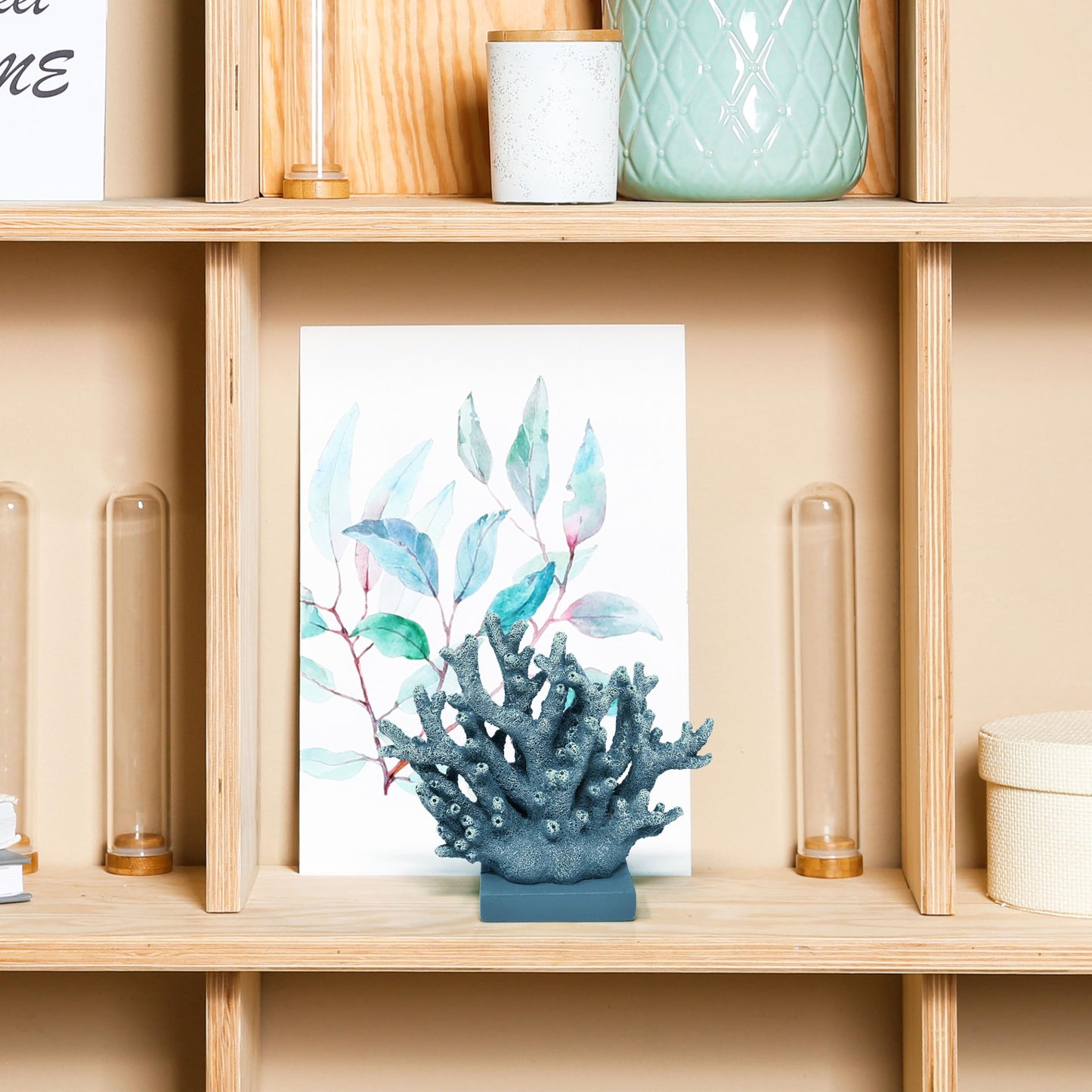Gift Boutique Blue Coral Decor Coastal Tabletop Sculpture Nautical Beach House Accent Resin Ocean Reef Figurine Shelf Mantel Bathroom Living Room Decor