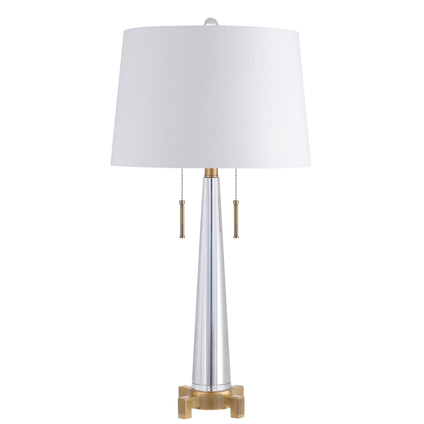 JONATHAN Y 29.5" Clear/Brass Gold 2-Light Crystal LED Table Lamp, Contemporary Glam Bedside Lamp for Living Room, White Linen Drum Shade, Pull Chain, LED Bulbs Included JYL2018A