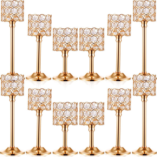 Mumufy 12 Pieces Crystal Candle Holders Set 3 Sizes Tall Crystal Wedding Candlestick Holders Pillar Candelabra Stand for Table Centerpieces for Christmas Party Wedding Dining Decoration (Gold)