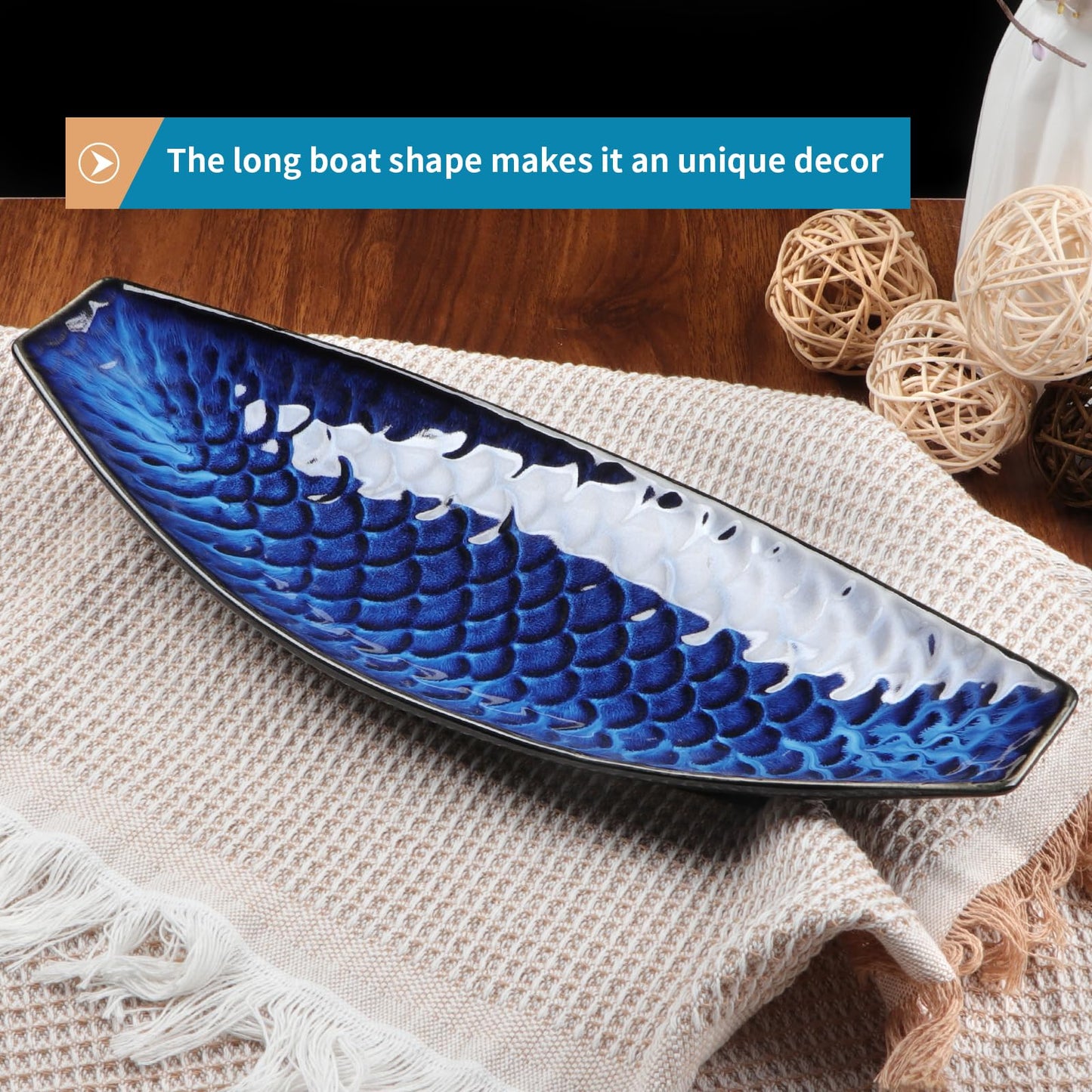 Sanbege 16" Large Ceramic Decorative Tray, Long Boat Shaped Centerpiece Bowl, Multipurpose Serving Platter for Home, Party Decor or Sushi, Fruits, Desserts (Blue)