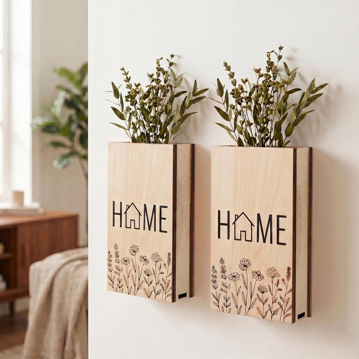 WONGSAI Wood Wall Planter Set of 2 with Unique Pattern, Hanging Vase for Artificial Flowers or Dried Plants, Decorative Wall Mounted Flower Pot for Living Room Bedroom Home Office (Home)
