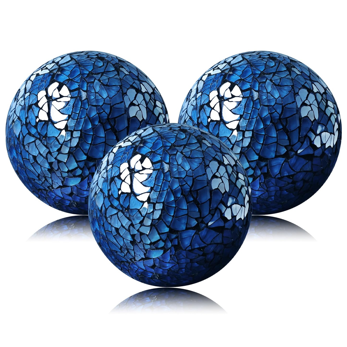 Yazikisa 3 Pack Blue Decorative Orbs Mosaic Crack Glass Balls Decor Solid Sphere Globe Bowl Vase Fillers Holiday Living Room Mantle Basket Centerpiece 3.35 Inch