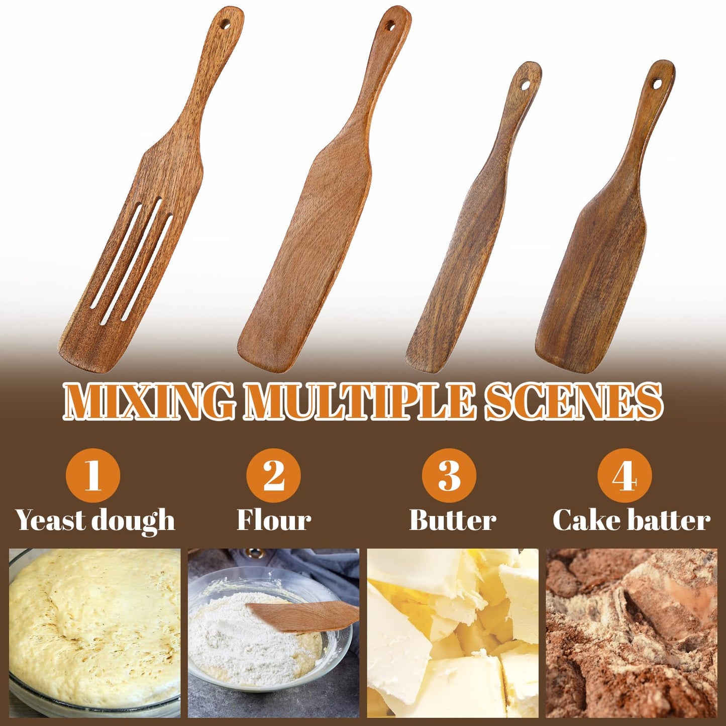 cobee 4PCS Wooden Spurtle Set, Teak Wood Spatula, Multipurpose Cooking Utensils for Non-Stick Cookware, Stirring, Scooping, Smashing, Serving