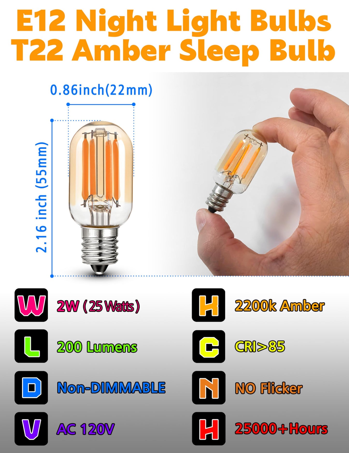 Xyanmc E12 Night Light Bulbs 15W-20W Equivalent, 2200k Warm Amber Sleep Light Bulb, T22 E12 Candelabra Base Salt lamp Bulb 2W 200lm for String Light Decorative Bulb Chandeliers Bedside Bulbs (2 Pack)