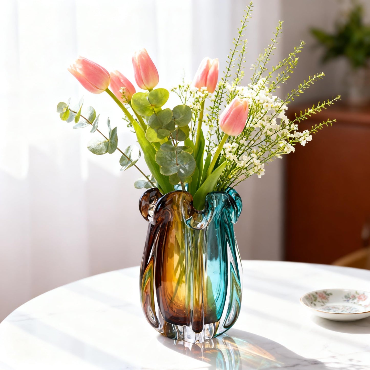 Hand Blown Glass vase, Gradient Blue and Amber Thick-Walled Decorative vase, Glass Art Wide-Mouth vase, Suitable for Living Room Coffee Tables, entryway Decor, Offices, and TV Cabinet Accents. (S)