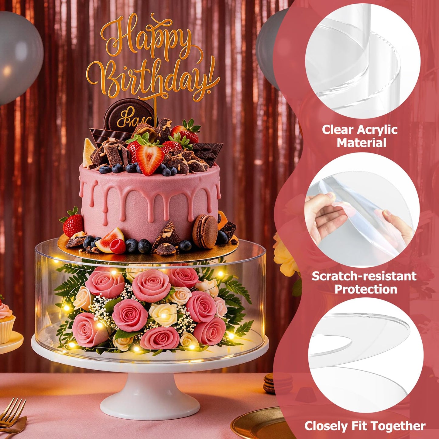 SAMYUCHO Acrylic Cake Stand with Led Lights, 2 PCS Round Cake Riser