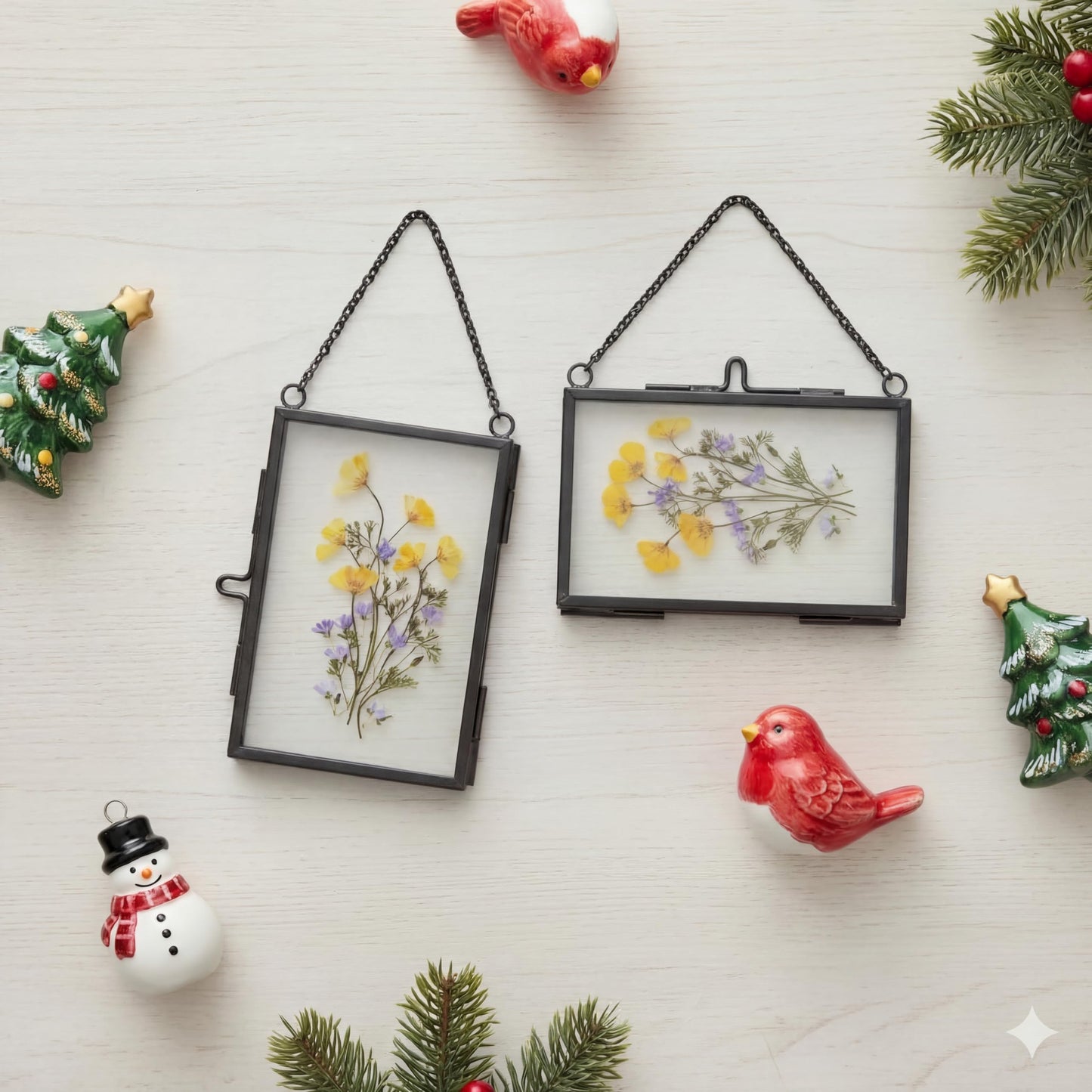 FOCHIER F 4 Pcs Pressed Flower Frame with Tweezers, Wall Hanging Tabletop Display Double Glass Frames with Metal Chain for Pressed Dried Flowers Plants, Horizontal and Vertical Picture Frame, Black, FRAMES ONLY