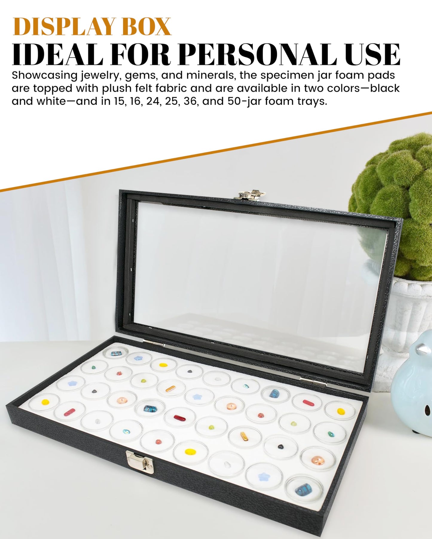 Novel Box Gem Display Case 14.75x8.25x2.1 + Medium Size 36 Gems Jars | Fossil Display Case with Lid & White Tray Foam Liner | Rock Storage Box with Metal Clasp | Display Cases for Collectibles