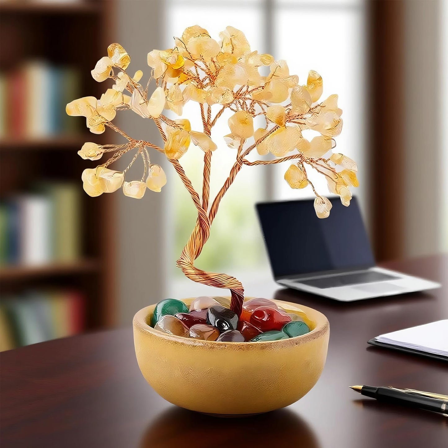 Chiorgone Natural Citrine Crystal Money Tree - Feng Shui Bonsai for Wealth & Prosperity, Tabletop Decor Artificial Trees for Home Office with Ceramic Pot